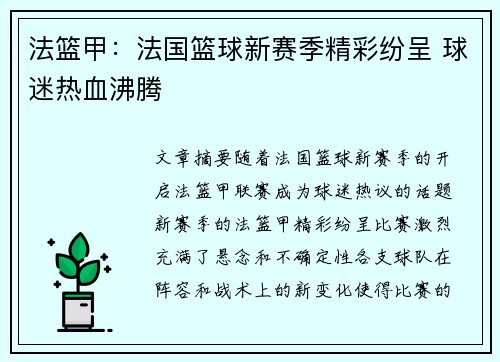 法篮甲：法国篮球新赛季精彩纷呈 球迷热血沸腾