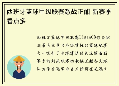 西班牙篮球甲级联赛激战正酣 新赛季看点多