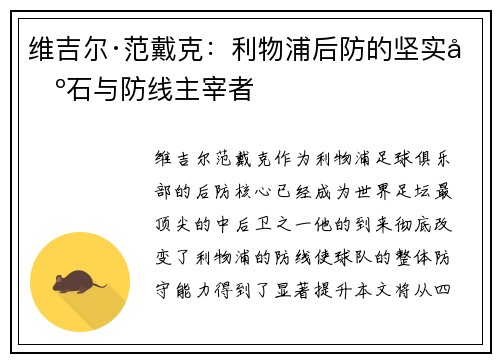 维吉尔·范戴克：利物浦后防的坚实基石与防线主宰者