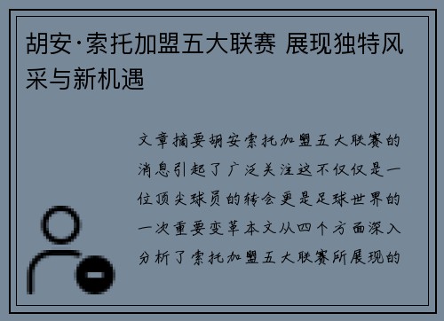 胡安·索托加盟五大联赛 展现独特风采与新机遇